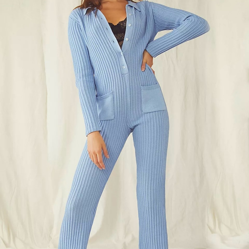 Free People x Rue Stiic Phoenix Sky Blue Knit cotton Jumpsuit Loungewear XS
